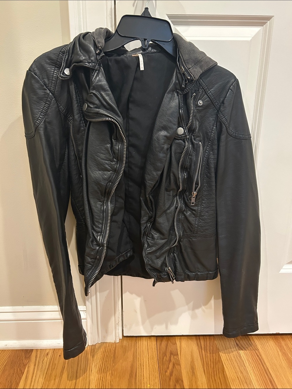 Free People Black Leather Hooded Moto Jacket